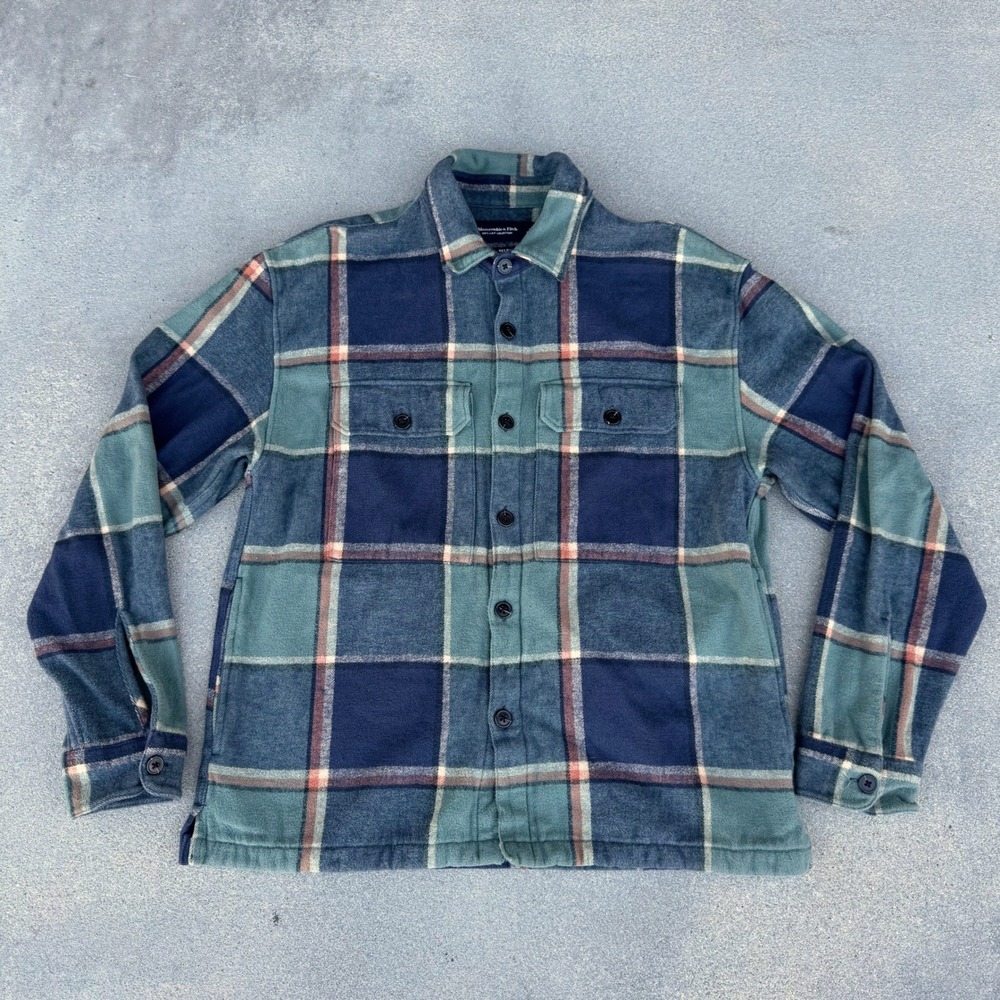 Abercrombie & Fitch Mens Large Relaxed Flannel Shirt Jacket Blue Green Plaid L